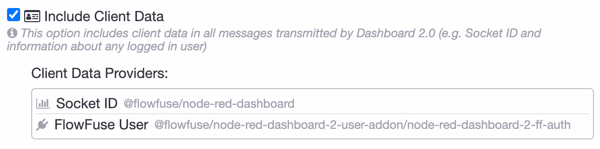 Screenshot showing "FlowFuse User" being appended to `_client` by the FlowFuse User Addon